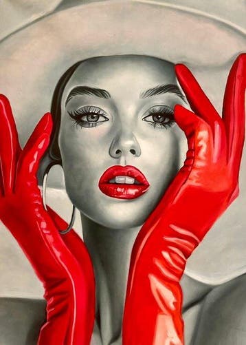 Karel B - Mirada de Fuego: Mujer en Guantes Rojos y Pamela