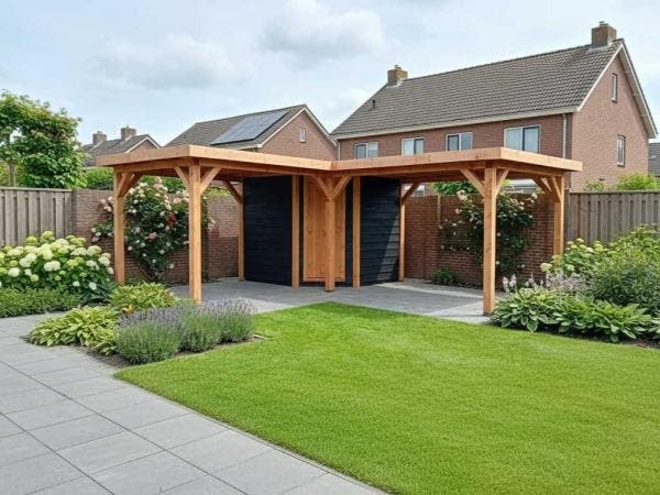 Veiling - Vrijstaande hoekoverkapping met berging 600x600x25, Tuin en Terras, Overkappingen
