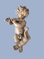 Snijwerk, Holzfigur Engel mit Querflöte und auf dem Bein, Antiek en Kunst