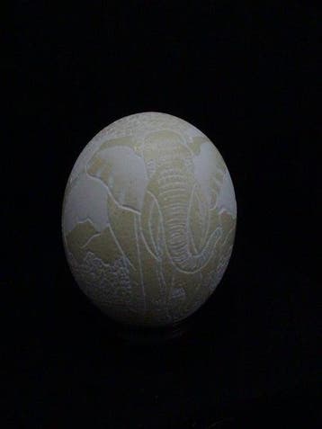 carved Ostrich Egg decorated with ELEPHANT Taxidermie, Nieuw