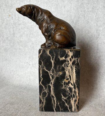 Beeld, Zittende beer - 22 cm - Brons, Marmer