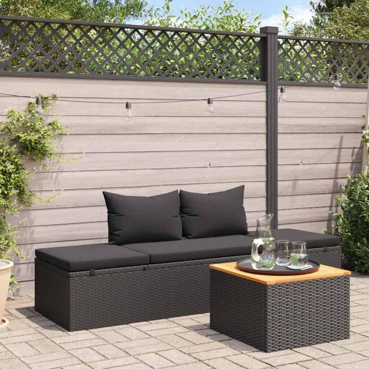 vidaXL Ligbed met kussens poly rattan zwart, Tuin en Terras, Ligbedden, Nieuw, Verzenden
