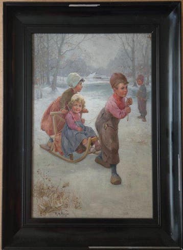 Rudolf Alfred Höger (1877-1930) - Winter scene with children, Antiek en Kunst