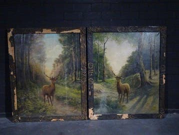 schilderij jachttaffereel - edelhert schilderijen uit 18e, Antiek en Kunst