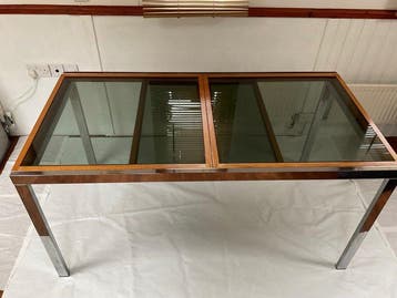 Milo Boughman - Eettafel - Glas, Hout, Chroom, Staal