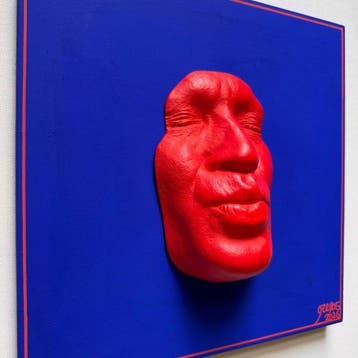 gregos - Red kiss on blue background-red line