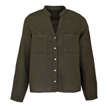 Backstage • linnen blouse in dark olive • XS, Verzenden