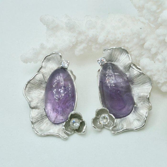 Argent - Boucles doreilles - AMÉTHYSTE NATURELLE, Antiquités & Art, Curiosités & Brocante