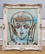 Expressionist School (XX) - Expressive Female Portrait With, Antiek en Kunst