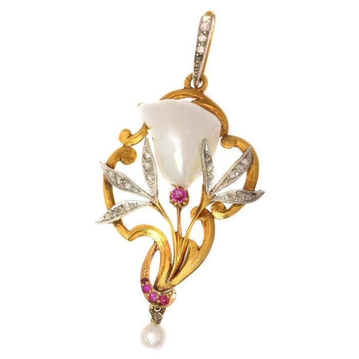 Hanger - 18 karaat Geel goud - Diamant - Parel, Robijn,, Handtassen en Accessoires, Antieke sieraden
