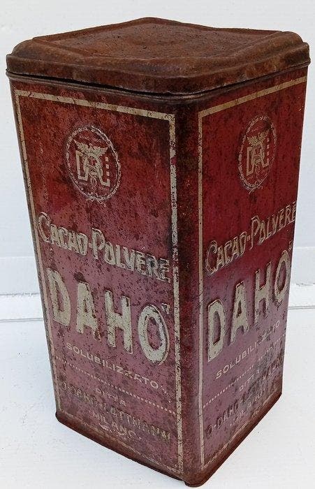 Blikken doos - Cacaopoeder Daho-oplosbaar firma O-Daho, Antiquités & Art, Curiosités & Brocante