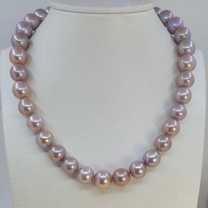 Halsketting 12×13 mm ronde roze Edisonparels, Bijoux, Sacs & Beauté, Colliers