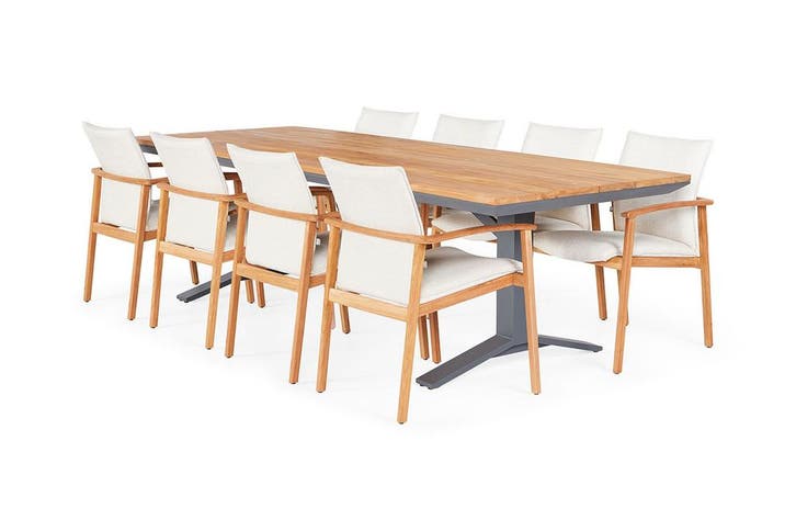 Suns Florine dining set teak met Stockholm tuintafel 280 x, Tuin en Terras, Tuinsets en Loungesets