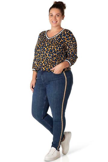 Broek Yesta denim glitter zijbies maat 46, Verzenden, Nieuw