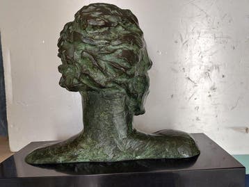 Sculpture, Bronzen hoofd op marmeren sokkel - 38 cm -