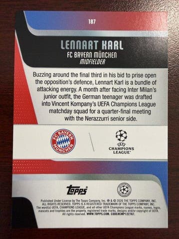 2025/26 Topps UEFA Champions League Lennart Karl 141/150, Nieuw
