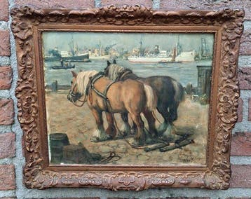 Anton Muller (1887-1979) - Ouderwets havengezicht met, Antiquités & Art
