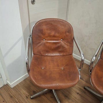 Fauteuil - gechromeerd ijzer, bruin leer - Paar draaistoelen