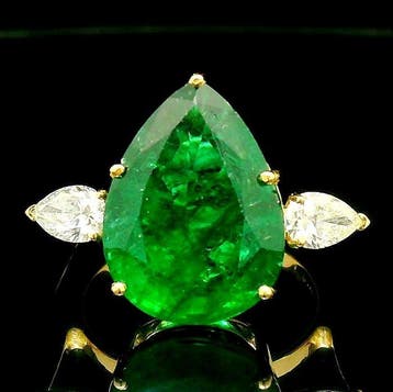 Bague - 14 carats Or jaune - 7.51ct. tw. Émeraude - Diamant, Bijoux, Sacs & Beauté