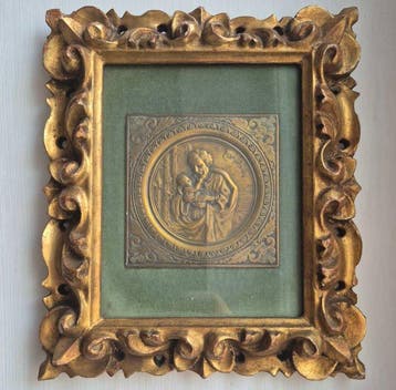 Lijst - Hout, Glas, Brons - Gesneden lijst met plaquette, Antiek en Kunst