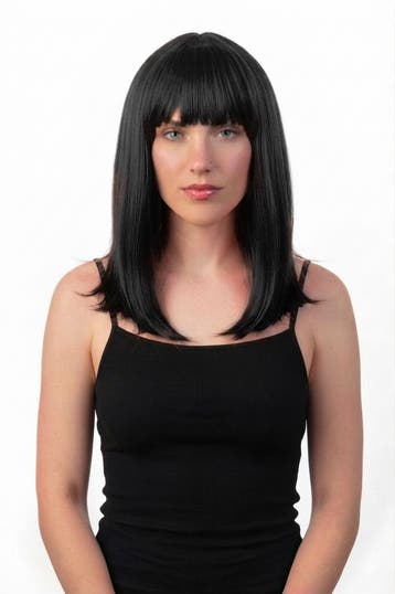 KIMU® Luxe Zwarte Pruik Schouderlengte Haarwerk Stijl Pony Z, Ophalen of Verzenden, Nieuw