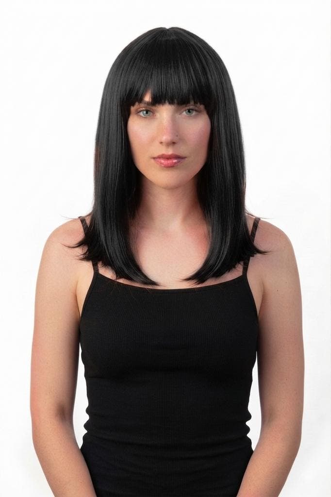 KIMU® Luxe Zwarte Pruik Schouderlengte Haarwerk Stijl Pony Z, Kleding | Dames, Carnavalskleding en Feestkleding, Nieuw, Ophalen of Verzenden