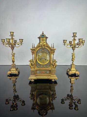 Klok en garnituur set (3) - Brons, Emaille - 1850-1900