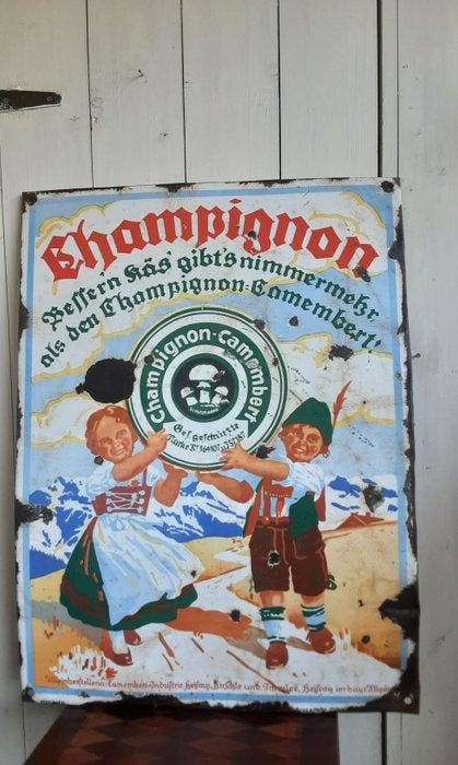 Emaillerie Boos & Hahn - reclamebord van het merk Champignon, Antiquités & Art, Antiquités | Assiettes décoratives & Carrelages