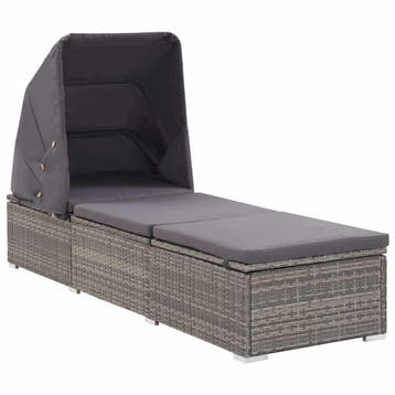 vidaXL Ligbed met luifel en kussen poly rattan grijs, Verzenden