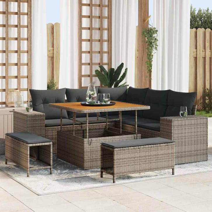 vidaXL Tuinbank Set met kussen 8 pcs Grijs poly rattan, Tuin en Terras, Tuinsets en Loungesets, Nieuw, Verzenden