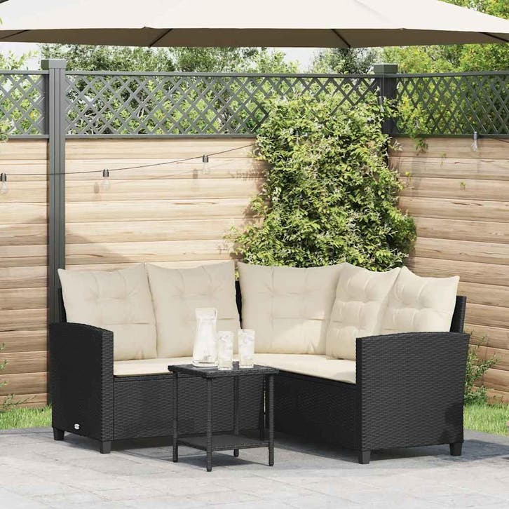 vidaXL Tuinbank met tafel en kussens L-vormig zwart, Tuin en Terras, Tuinsets en Loungesets, Nieuw, Verzenden
