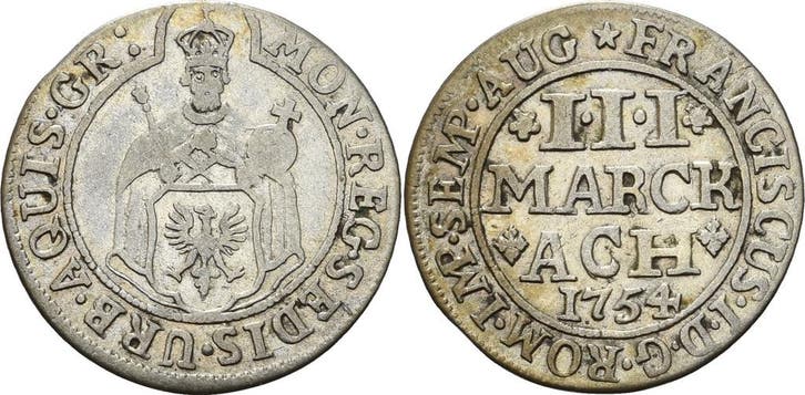 3 Mark 1754 Aachen (MuntenenBankbiljetten-Duitslandvoor1871), Postzegels en Munten, Munten | Europa | Niet-Euromunten, België