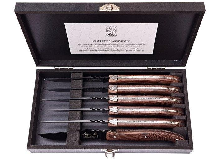 Laguiole - 6x Luxury Steak Knives - Wengé Wood - style de -, Antiek en Kunst, Antiek | Keukengerei