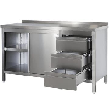 Werkbank | RVS | Schuifdeuren + Laden (Rechts) | Diepte 800, Verzenden