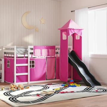 vidaXL Stapelbed met glijbaan en gordijnen roze 90x200 cm, Verzenden