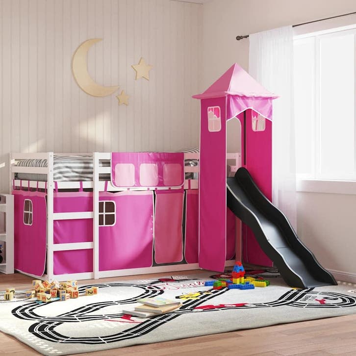 vidaXL Stapelbed met glijbaan en gordijnen roze 90x200 cm, Maison & Meubles, Chambre à coucher | Lits, Envoi