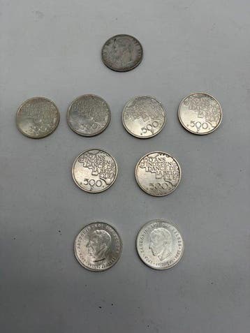 België. 1870-1980 Lot de 9 pièces en argent (dont 5 francs