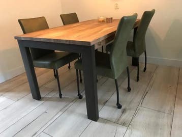 Set van 4 groene leren eetkamerstoelen - met wieltjes -, Ophalen of Verzenden