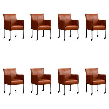 Set van 8 Leren eetkamerstoelen More - Granada Savannah, Ophalen of Verzenden, Nieuw, Leer, Eén