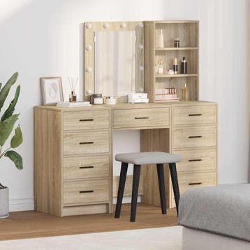 vidaXL Kaptafel met spiegellichten met lade 3 pcs Bruin, Huis en Inrichting, Verzenden, Nieuw