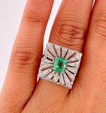 Bague - 14 carats Or blanc Émeraude - Diamant, Bijoux, Sacs & Beauté