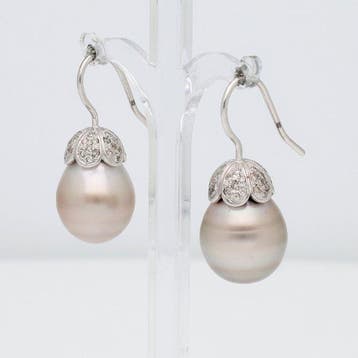 Oorbellen - 18 karaat Witgoud - Diamant/Parel, Nieuw