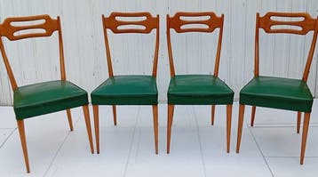 Stoel - hout en groen imitatieleer - Set van vier vintage