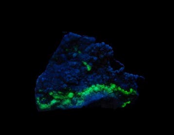 Set van 16 fluorescerende mineralen SW+ LW Hyalite Scheelit/