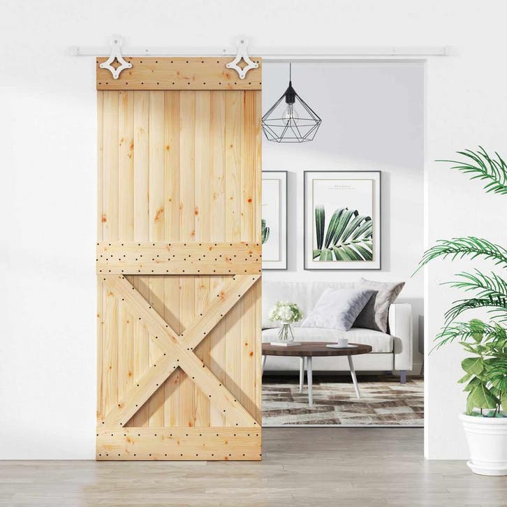 vidaXL Schuifdeur Natuurlijk en Wit 85 x 210 cm Massief Pine, Doe-het-zelf en Bouw, Deuren en Vliegenramen, Nieuw, Verzenden