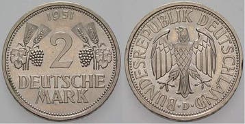 2 duitse Mark 1951 D 2 Mark Kursmunten Ähren, Verzenden