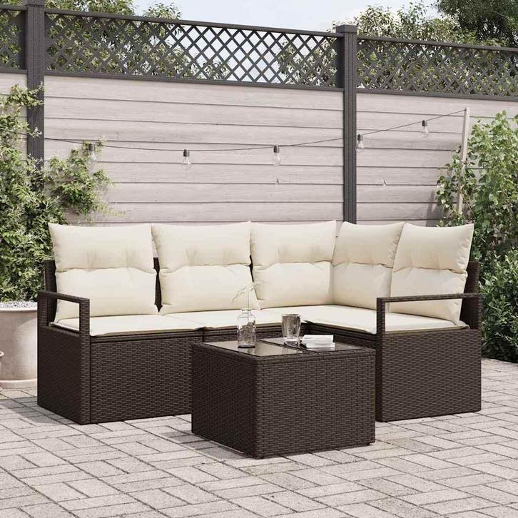 vidaXL Bankstel met kussen met opslag 5 pcs Bruin en Crème, Jardin & Terrasse, Ensembles de jardin, Envoi