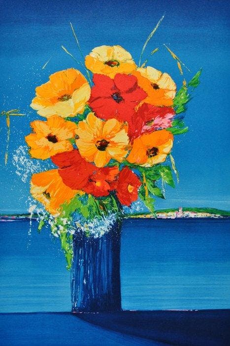 Serge Fenech (1951) - Bouquet fleuri face à la mer, Antiquités & Art, Antiquités | Autres Antiquités