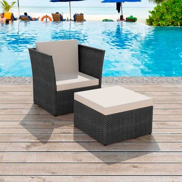 vidaXL Tuinstoel met voetenbank poly rattan zwart, Tuin en Terras, Verzenden, Nieuw