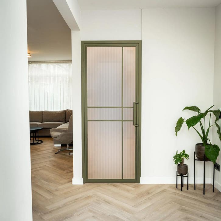 Stalen Binnendeur Olijfgroen 6 Vlaks Kanaalglas Luxe design, Doe-het-zelf en Bouw, Deuren en Vliegenramen, Nieuw, Metaal, Binnendeur